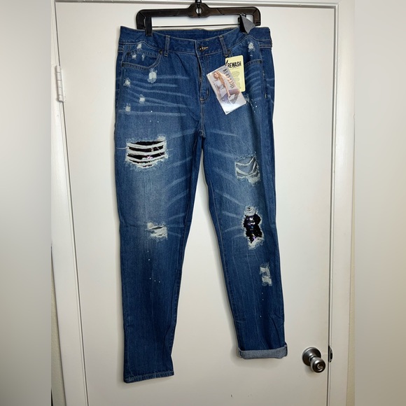 Rewash Brand Ultra Stretch Classic Rise Denim Jeans Sequin Patches Sz 17/33 - Picture 2 of 11